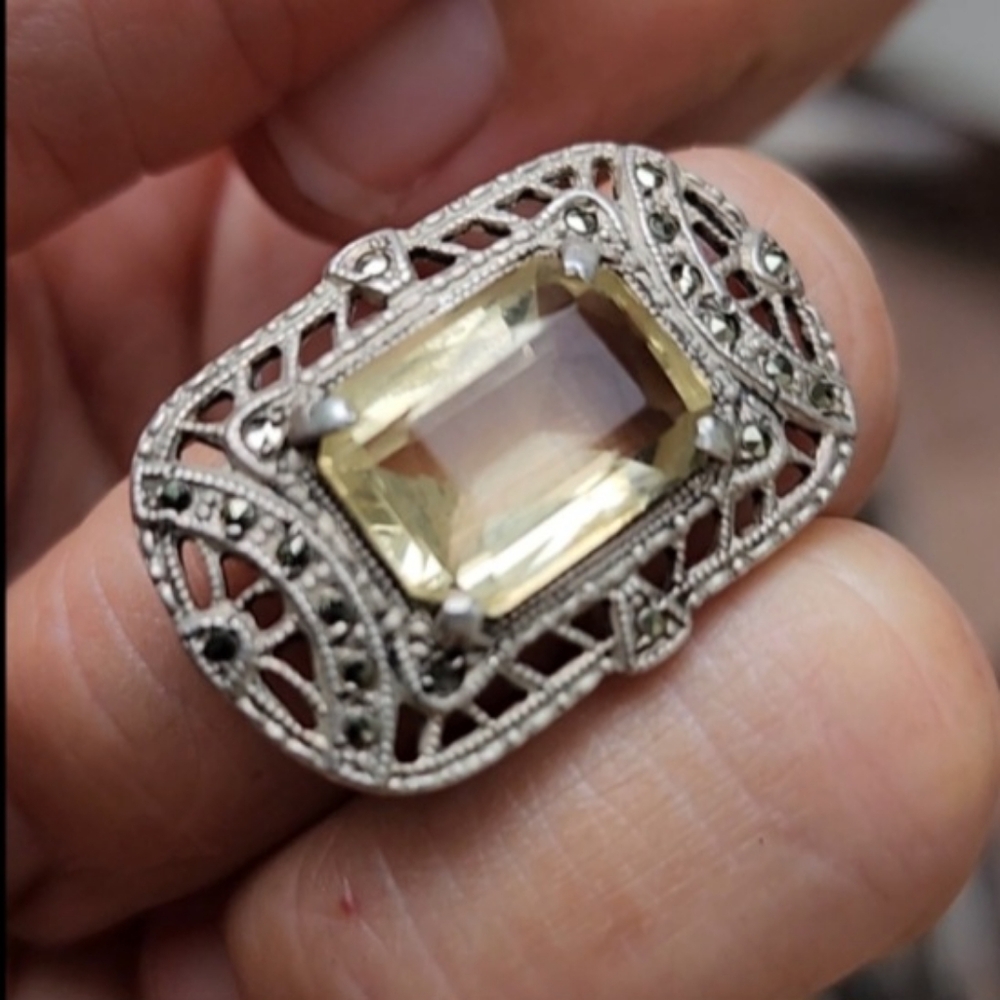 Silver 925 Vintage Antique Ring Big Citrine Swiss Marcasite Mineral Crystals